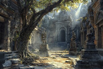Naklejka premium Mysterious overgrown ancient ruins in lush jungle with sunlight streaming through
