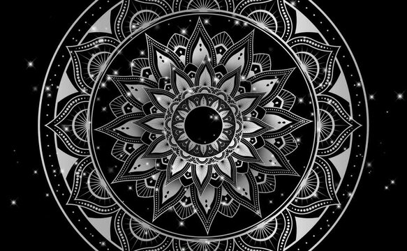 Mosaic Mandala video Moving hypnotic spiral illustration. Silver and Black colors. With white stars Video animation 4K. Psychedelic and slow rotation.