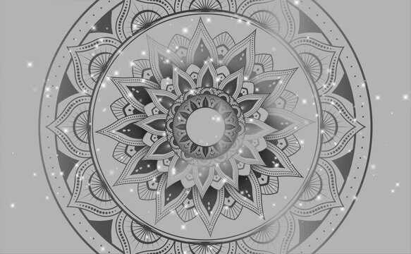 Mosaic Mandala video Moving hypnotic spiral illustration. Silver and Grey colors. With white stars Video animation 4K. Psychedelic and slow rotation.