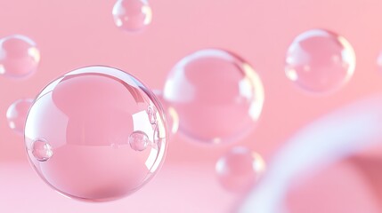 Abstract image of transparent glass spheres on a pink background.