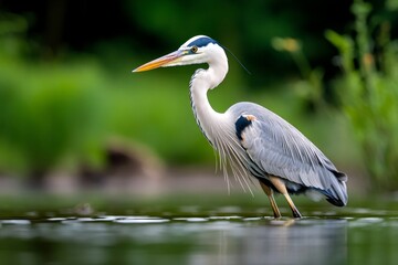 A heron standing still in shallow water, its long beak poised to strike, while its sleek feathers shimmer in the light