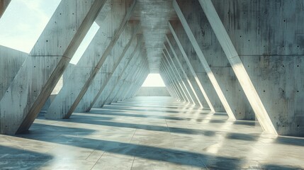 Abstract empty interior of modern concrete room with sharp lines and angular walls. 3D rendering, 