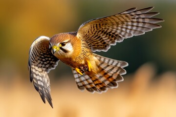 A kestrel hovering above a field, its wings beating rapidly, feathers spread wide as it focuses its beak on its prey below