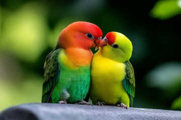 A lovebird snuggling its mate, gently nuzzling with their beaks as their vibrant feathers blend together in harmony