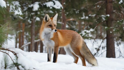 Obraz premium A Curious Red Fox Stands Alert in a Snowy Forest, Its Bright Fur Glowing Against the White Snow and Pine Trees