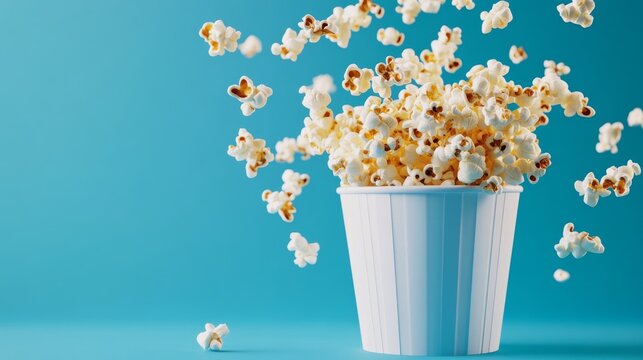 Popcorn exploding from a white striped bucket on blue background