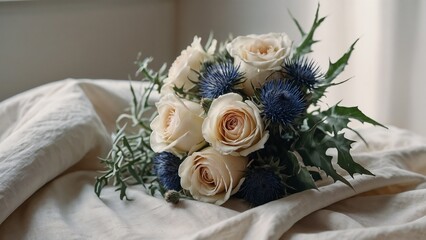 Rose and thistle bouquet with blue thistles and cream roses on a soft fabric background