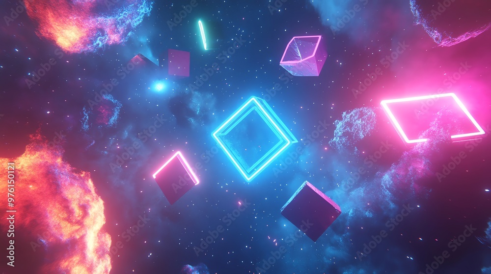 Wall mural neon geometric shapes float in a futuristic space setting with swirling clouds.