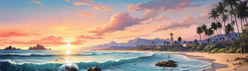 A romantic illustration of a secluded beach at sunset, with waves gently lapping
