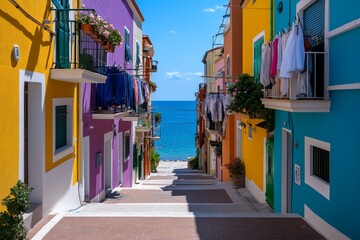 Fototapeta premium A narrow street in a Mediterranean city, with colorful buildings and clothes hanging from balconies
