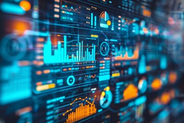 A sleek data visualization dashboard presents various analytics metrics, including colorful graphs and charts, to aid in business decision-making and insights