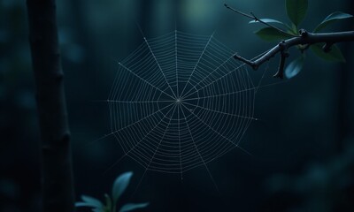 intricate spider webs, dark background, eerie atmosphere, detailed silk threads