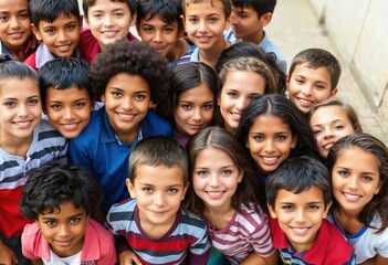 Obraz premium A diverse group of children, dressed in various colors, gather in a close-up photo, showcasing their diverse personalities and expressions, against a backdrop of a stone wall and a building