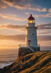 lighthouse on a cliff overlooking the ocean at sunset © eman