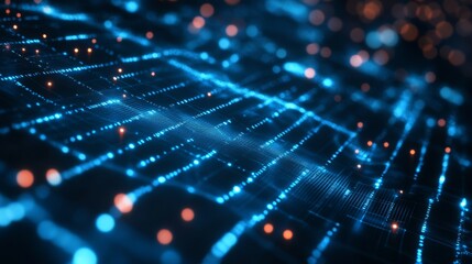 Obraz premium A captivating and visually stunning digital background that features vibrant blue and orange lights, making it perfect for applications related to tech, AI, data processing, and audio graphics design
