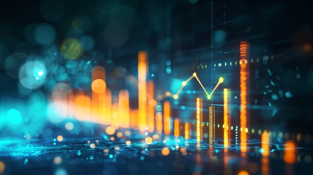 The visual shows a dynamic display of financial data with glowing orange and blue bars representing market trends and fluctuations in a digital environment