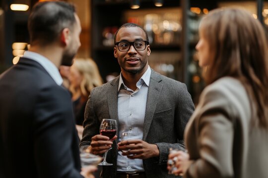 Dynamic corporate event scene capturing engaging networking interactions among professionals