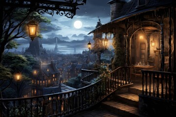 Fototapeta premium A romantic illustration of a moonlit balcony scene in an old European city