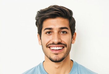 Fototapeta premium A young man with dark hair, a beard, and a light blue t-shirt smiles warmly at the camera against a white background, creating a cheerful and engaging portrait
