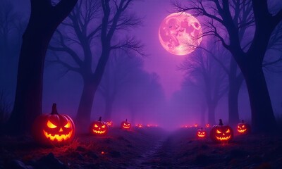 haunted forest, glowing jack-o'-lanterns, eerie purple night sky