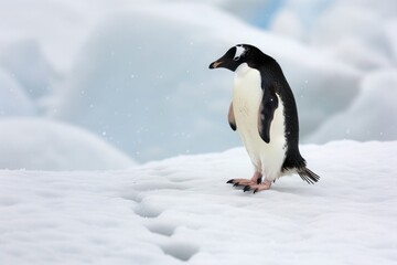 Fototapeta premium A penguin stands on a snowy surface, looking out into the distance