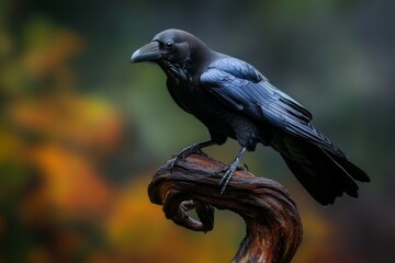 Obraz premium A raven with glossy black feathers and a sharp beak, perched on a twisted tree branch in a mysterious, foggy forest