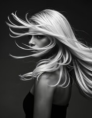 A striking black and white photograph features a young woman with long, flowing blonde hair, set against a dark background, with her face and hair in focus and her body in shadow