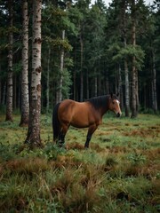Horse by the edge of a forest.