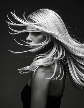A striking black and white photograph features a young woman with long, flowing blonde hair, set against a dark background, with her face and hair in focus and her body in shadow