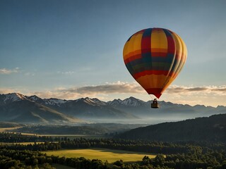 Hot air balloon floating over mountains.