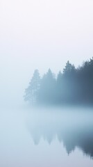 Fototapeta premium A serene mist envelops a tranquil lake, creating a beautiful reflection of trees in soft, ethereal hues of blue and gray.