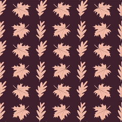 Seamless striped pattern with maple leaves on a Peach Fuzz background