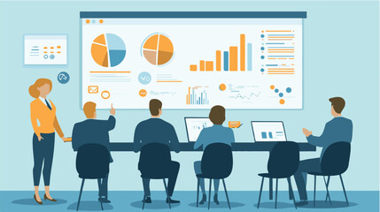 Successful leader and his team. Brainstorming. Business vector illustration.