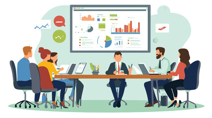 Successful leader and his team. Brainstorming. Business vector illustration.