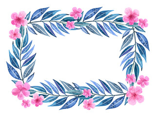 Pink blooming flowers blue leaves horizontal frame. Seasonal. Watercolour flower decor hand drawn illustration. Greeting cards. Isolated background. Painted botanical floral elements. Gift