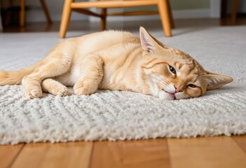 A ginger cat with a pink nose and white paws lies on a white rug in a cozy room, gazing at the...