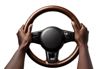 Hands gripping a modern car steering wheel against a minimalist background showcasing focus on driving technique and vehicle control