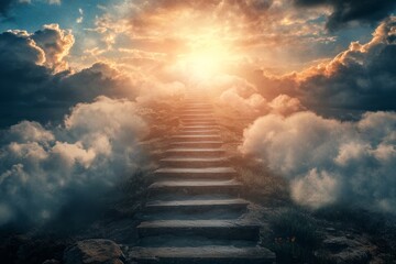 Breathtaking stairway leading upward toward a luminous sky filled with celestial light and beauty