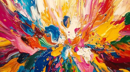 An abstract oil painting with a vibrant explosion of colors and textures.