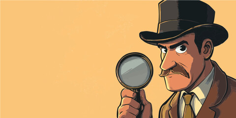 Cartoon detective with a magnifying glass and blank yellow space for custom text, perfect for mystery-themed presentations or wallpapers.