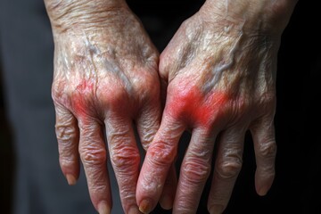 Fototapeta premium Close up View of Rheumatoid Arthritis in Swollen and Inflamed Hands Showing Chronic Pain and Discomfort