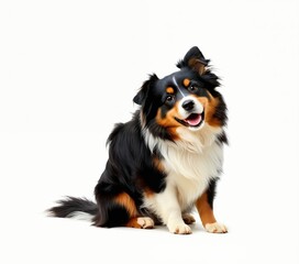 Fototapeta premium Czarno-biały pies z puszystym ogonem siedzi wyprostowany, z wysuniętym językiem na białym tle, co tworzy uderzający kontrast