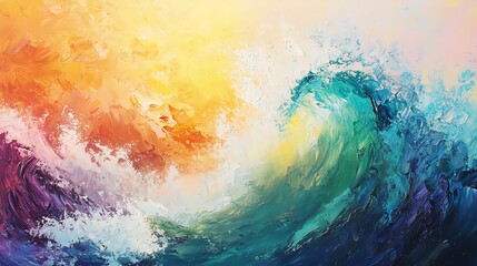 Abstract oil painting of crashing waves in a sea of vibrant colors.