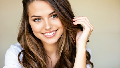 Fototapeta premium A young woman with long brown hair, wearing a white blouse and smiling, is the central focus of the image, set against a light beige background, captured from a slightly elevated angle