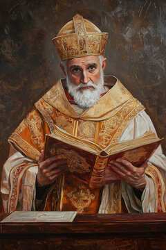 Saint Gregory the Great is depicted in a traditional oil painting, often portrayed with a serene, authoritative expression
