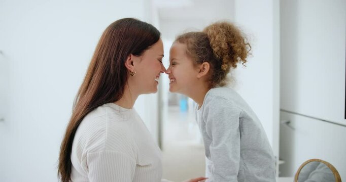 Bathroom, hug and happy family child, mother and have fun, bonding and mama nose rub, eskimo kiss or care for youth kid. Happiness, love embrace and home mom support, profile or smile with young girl