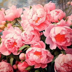 Peonies, oil painting on canvas. Pink peony. Big pink flower in summer garden. Summer nature. Peony bloom. Peonies blossoming, peonies blooming. Closeup of flower. 