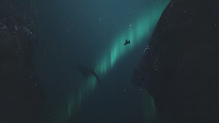 Aurora Whispers : Far beyond Earth’s atmosphere, the auroras shimmer. Here, they weave ribbons of green and white, like celestial whispers. The empty portion beckons for taglines or product 