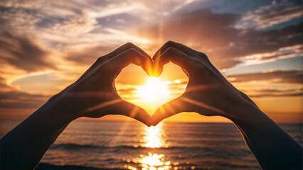 Hands forming a heart shape against a sunset over the ocean, symbolizing love