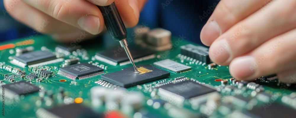 Wall mural engineer testing electronic circuit boards with precision tools, electronics quality control, compon